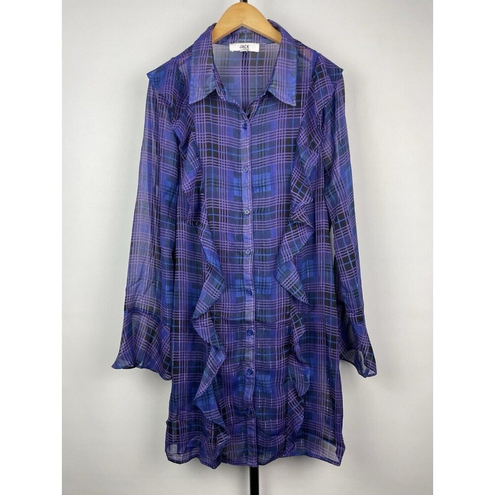 Jack BB Dakota Purple Blue Plaid Sheer Ruffle Button‎ Up Shirt Dress Cover Up M